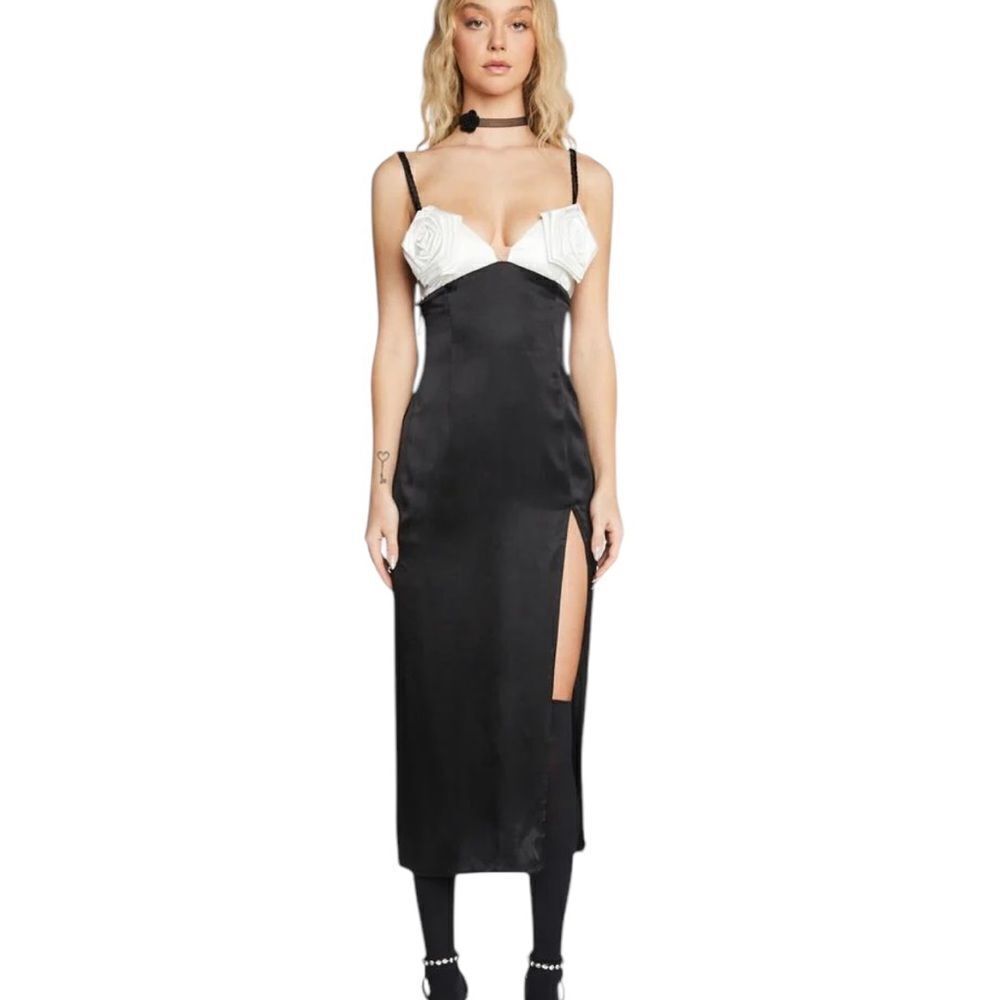 For Love and Lemons Rita Rosette Black Satin Midi Slip Dress | Size L